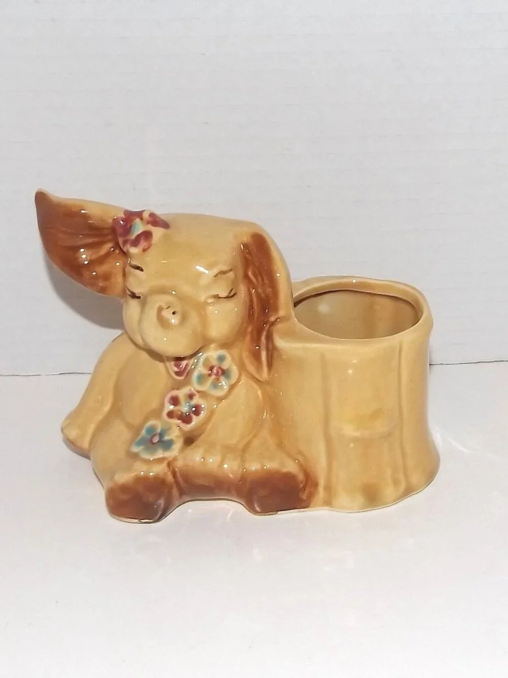 Mid-Century USA Ceramic Earth Tone Kitschy Baby Elephant Planter